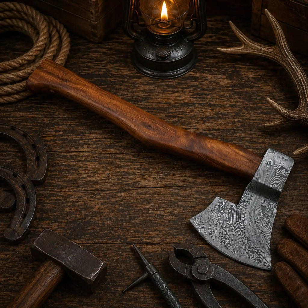 Hand forged Damascus steel axe with natural wooden handle