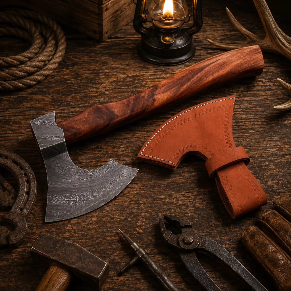 Hand forged Damascus bearded Viking axe with natural hardwood handle