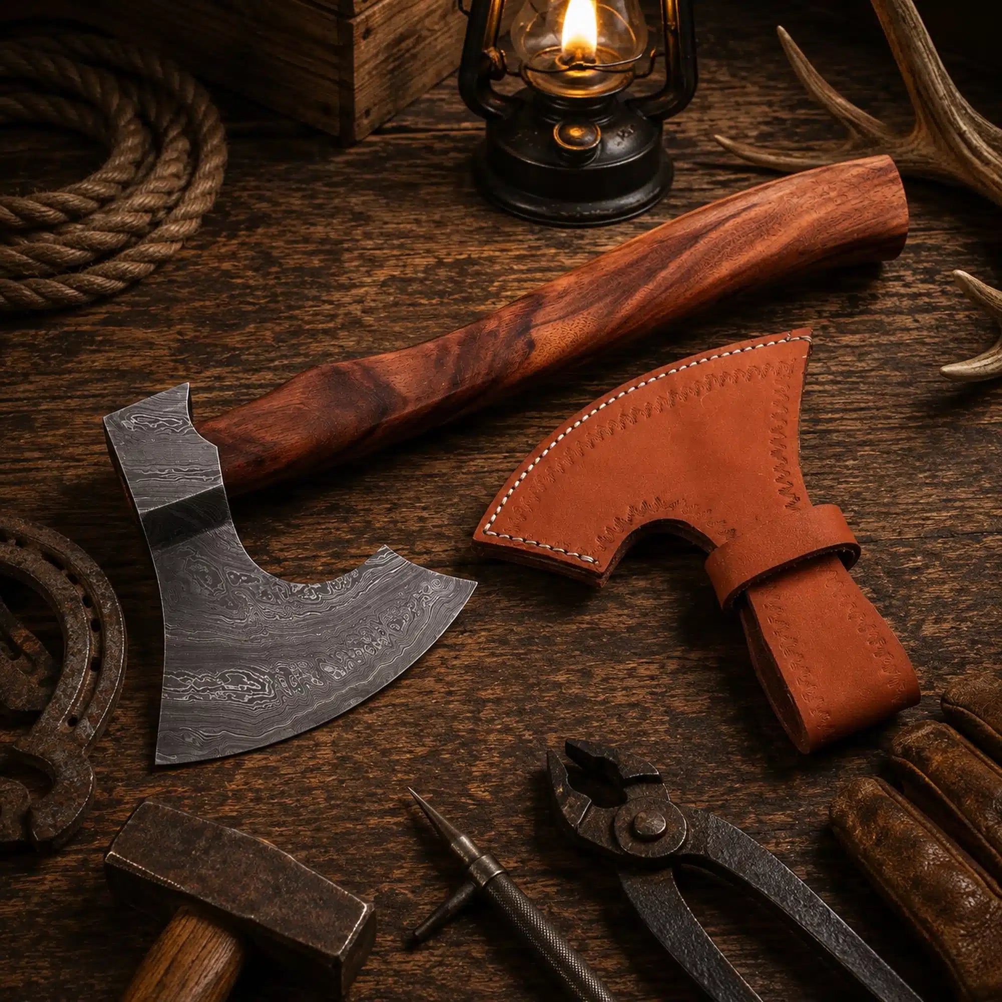 Hand forged Damascus bearded Viking axe with natural hardwood handle