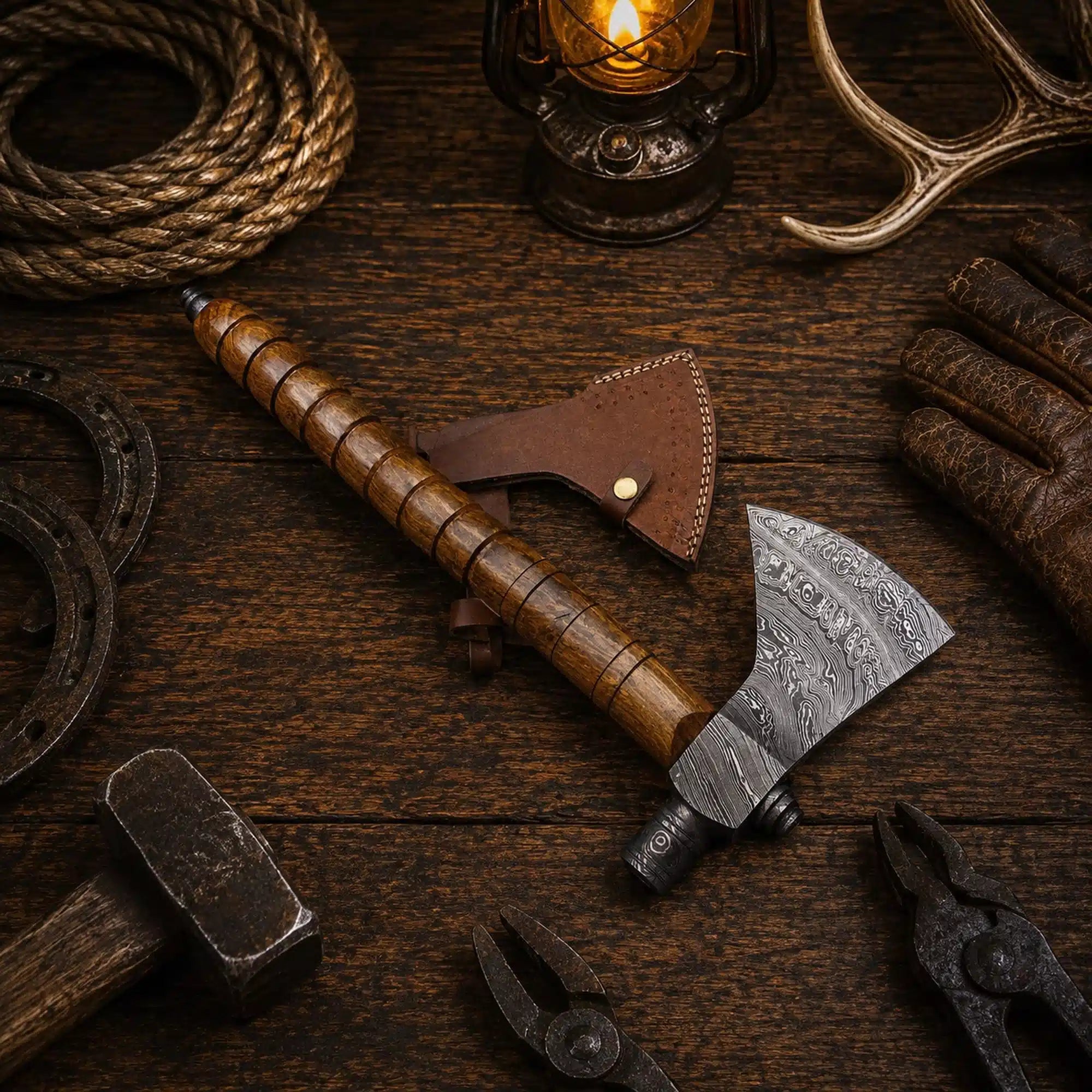 Hand forged Damascus steel pipe tomahawk with patterned axe head