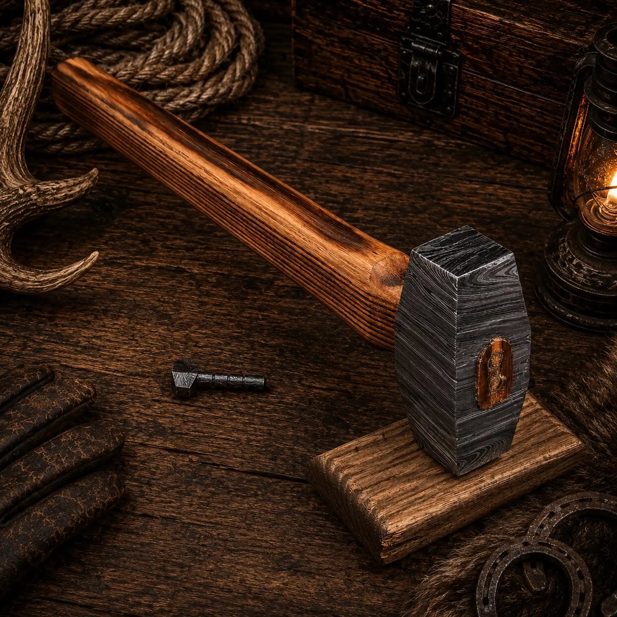 Hand-forged patterned steel hammer with long ash handle