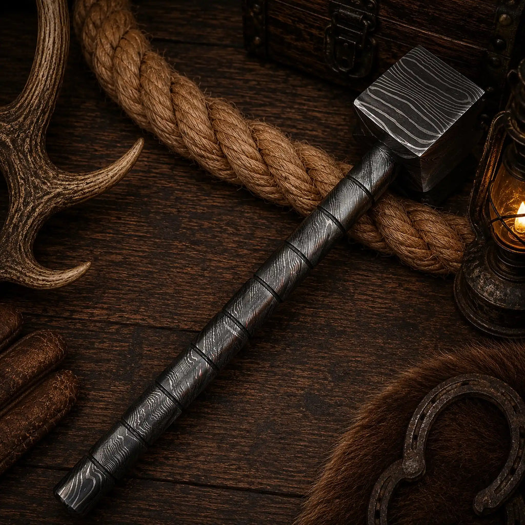Hand-forged patterned steel hammer with segmented metal handle