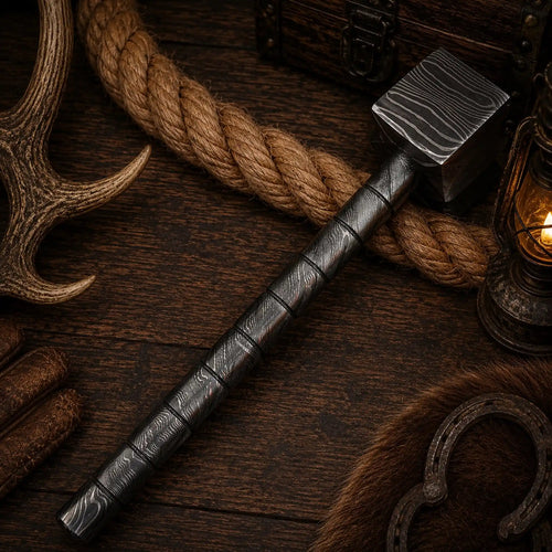 Hand-forged patterned steel hammer with segmented metal handle