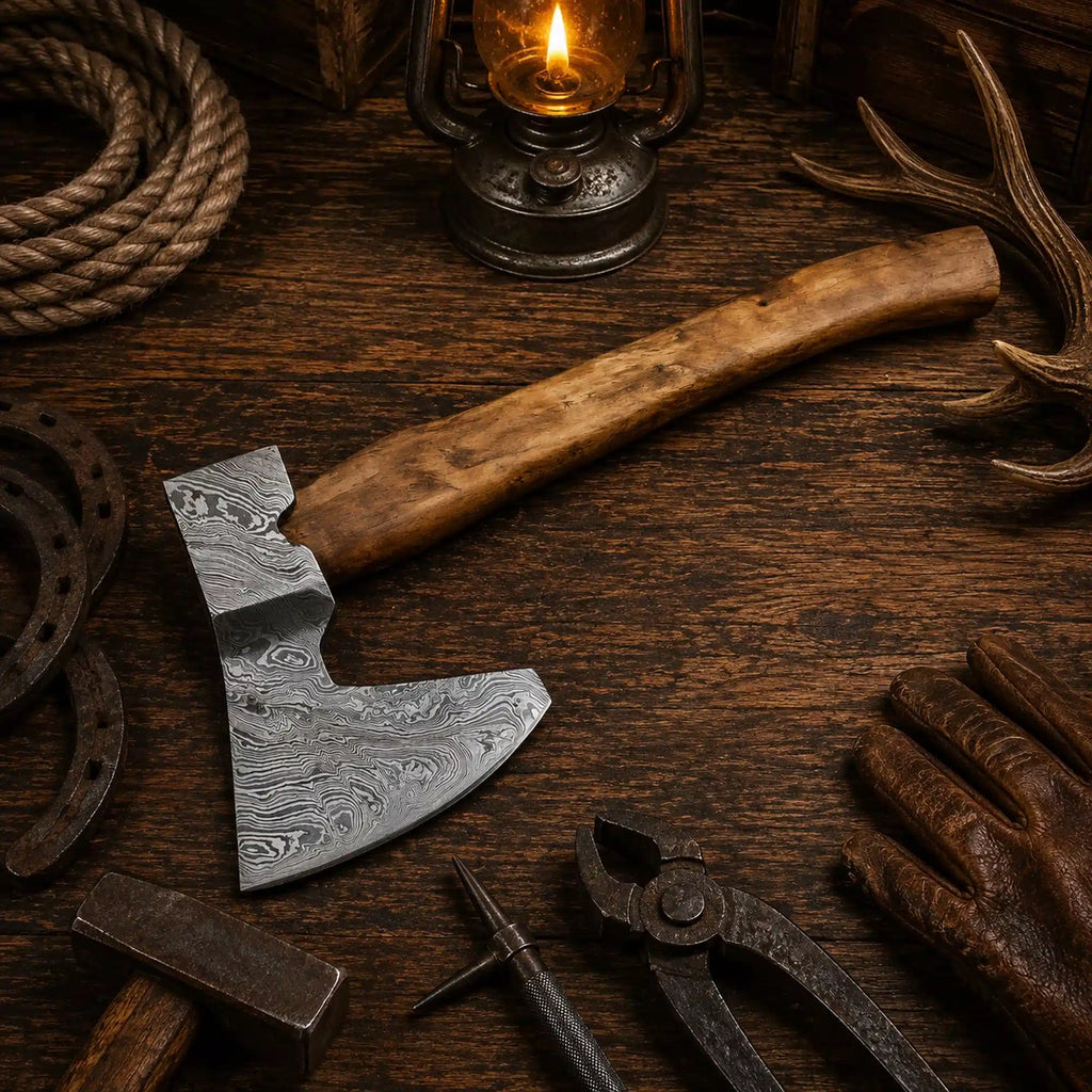 Hand forged Damascus tomahawk hatchet with natural wood handle