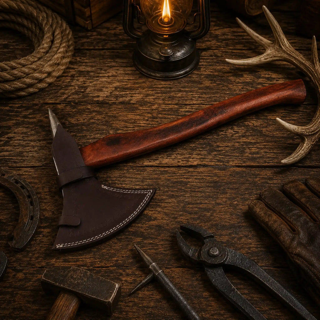 Hand forged Damascus Viking bearded axe with patterned steel head