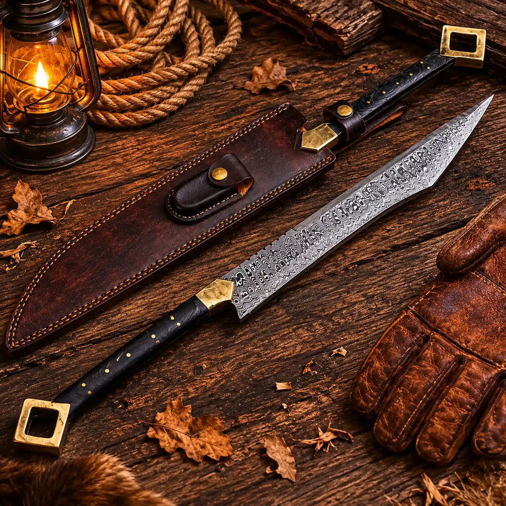 Hand forged Damascus steel Viking sword with leather sheath on rustic wooden table