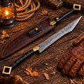 Hand forged Damascus steel Viking sword with leather sheath on rustic wooden table