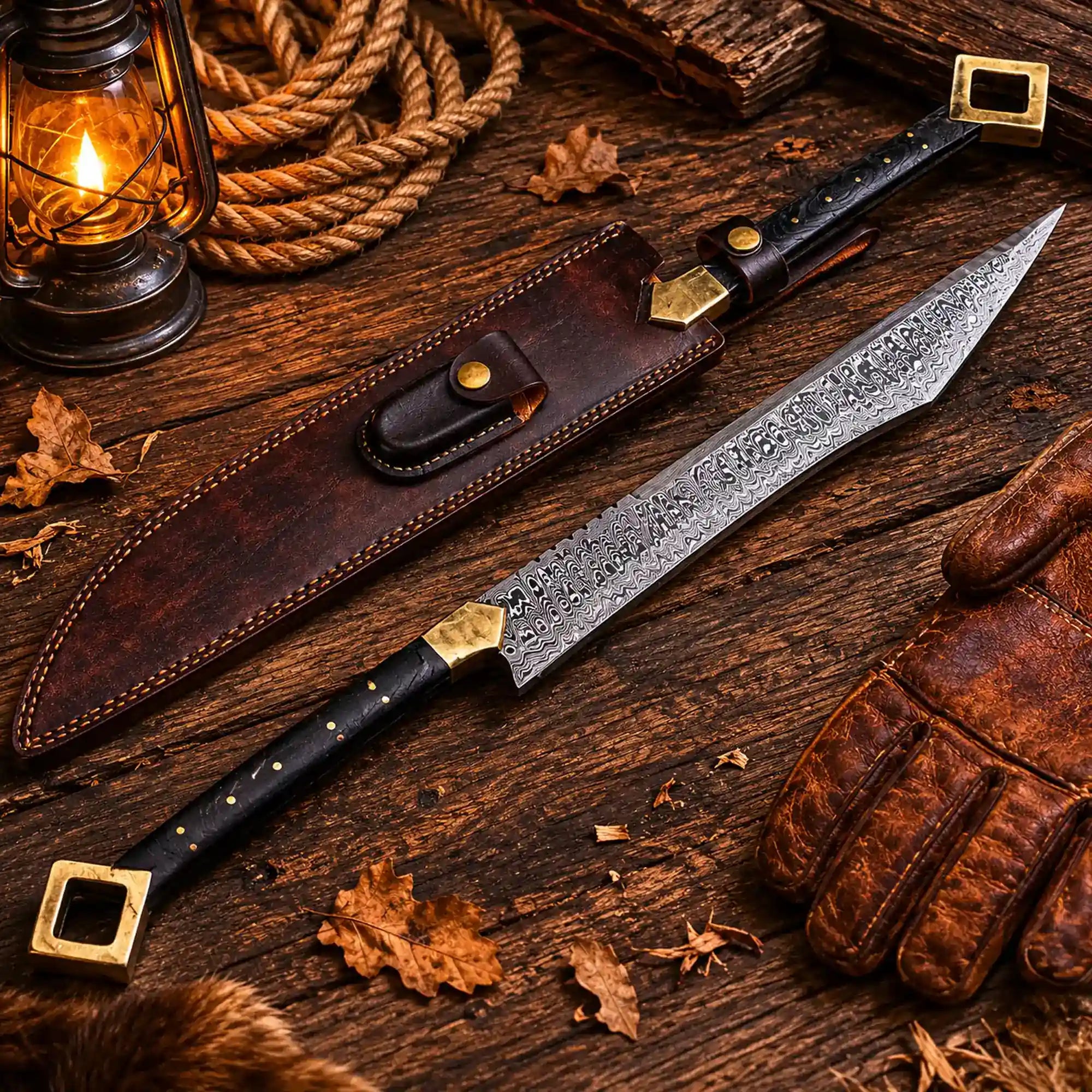Hand forged Damascus steel Viking sword with leather sheath on rustic wooden table
