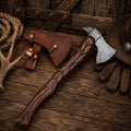 Hand forged Damascus Viking Tomahawk Axe with carved rosewood handle with premium leather sheath.