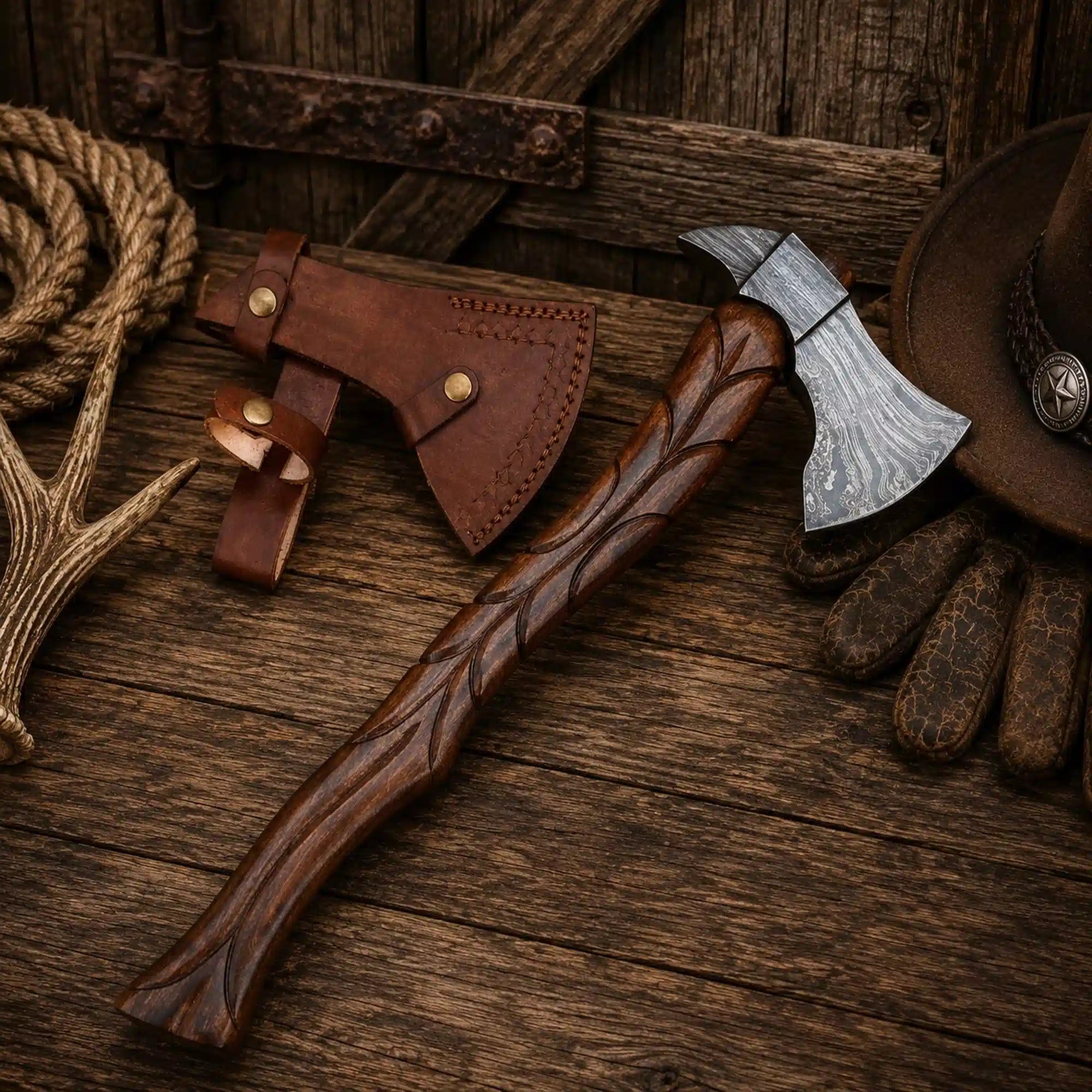 Hand forged Damascus Viking Tomahawk Axe with carved rosewood handle with premium leather sheath.