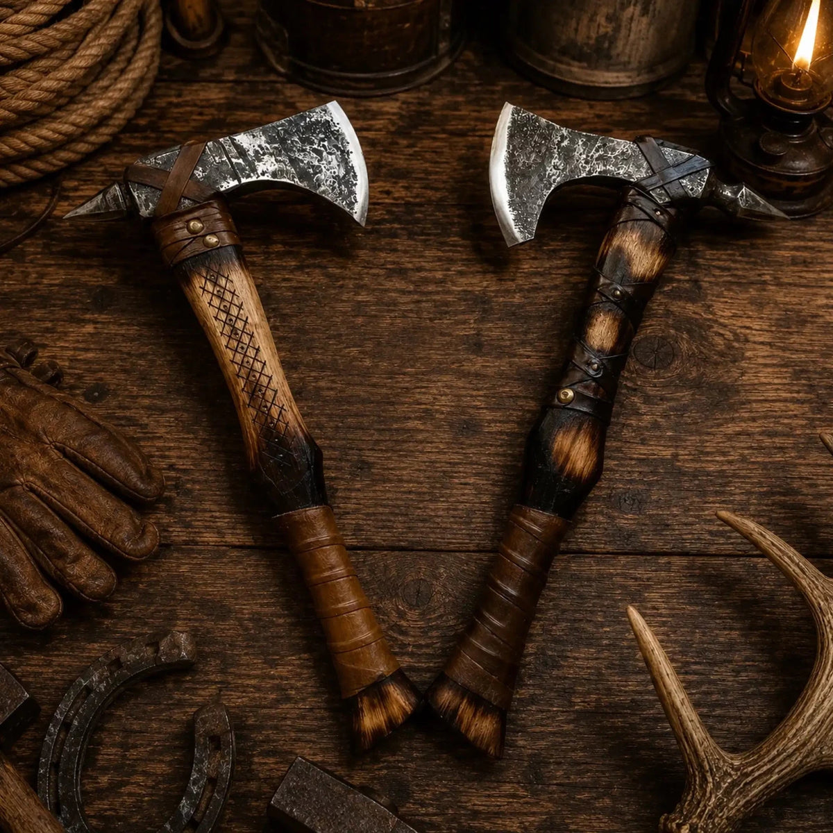 Hand-Forged Gagegizhig Tomahawk Pair – High Carbon Steel & Ash Wood - SHAM KNIVESTomahawkSHAM KNIVESHand-forged Gagegizhig tomahawk pair with ash wood handles