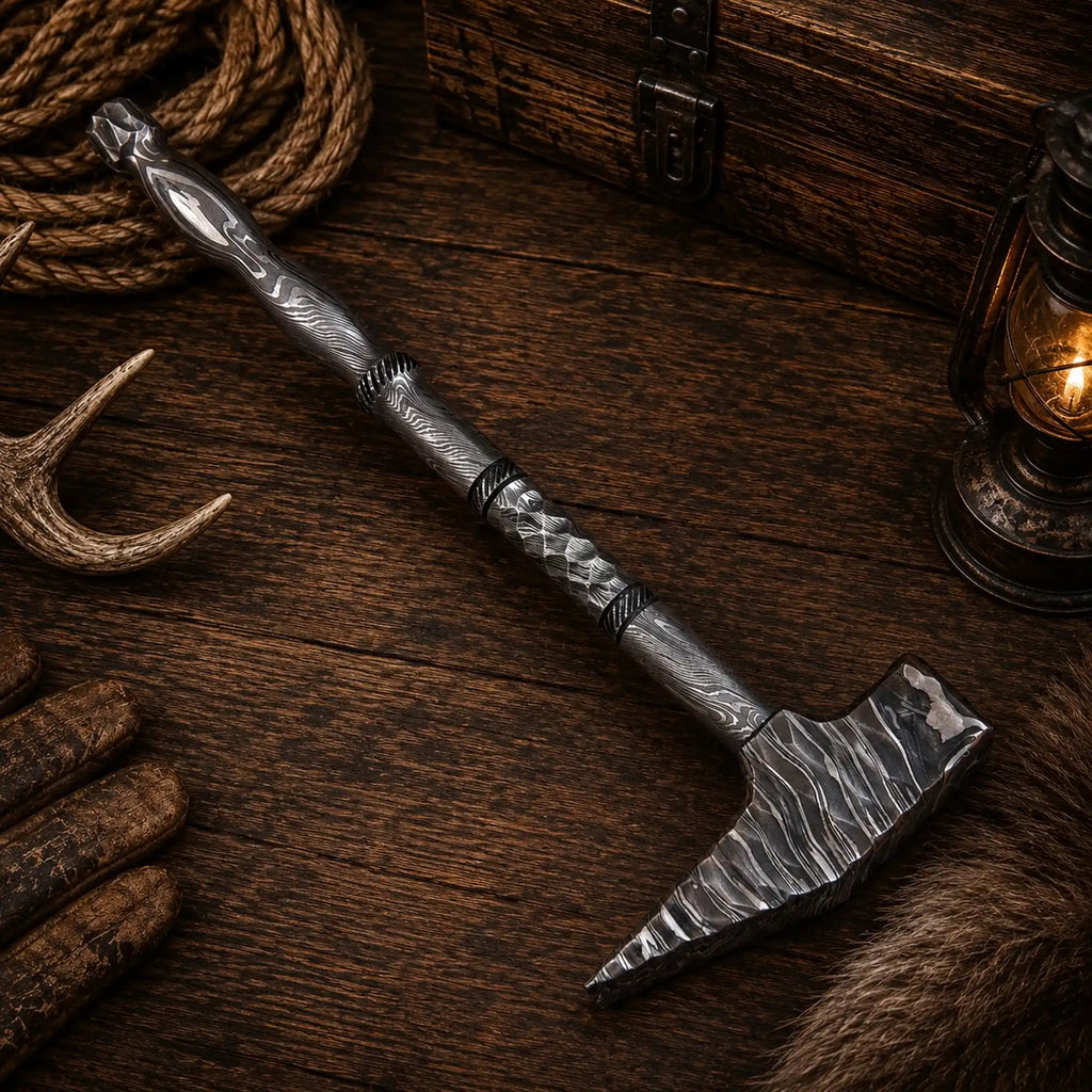 Fantasy collector hammer featuring a double-pointed Damascus head