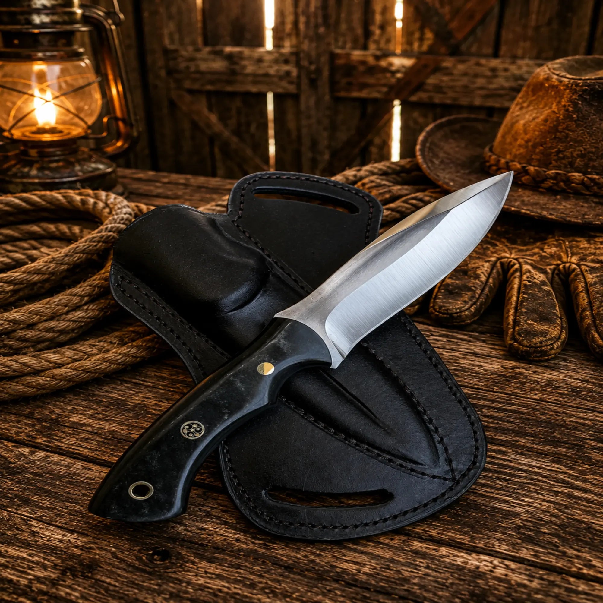 Hand forged hunting knife with black handle and leather sheath