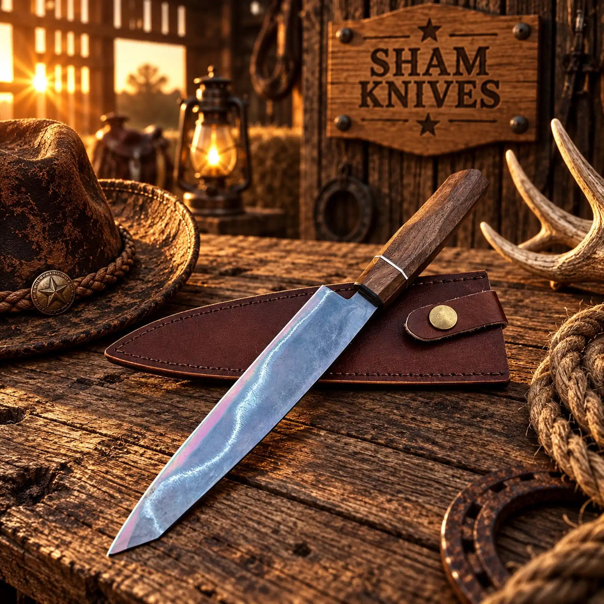 Hand forged Japanese style Santoku chef knife with 5160 carbon steel blade and rose wood handle