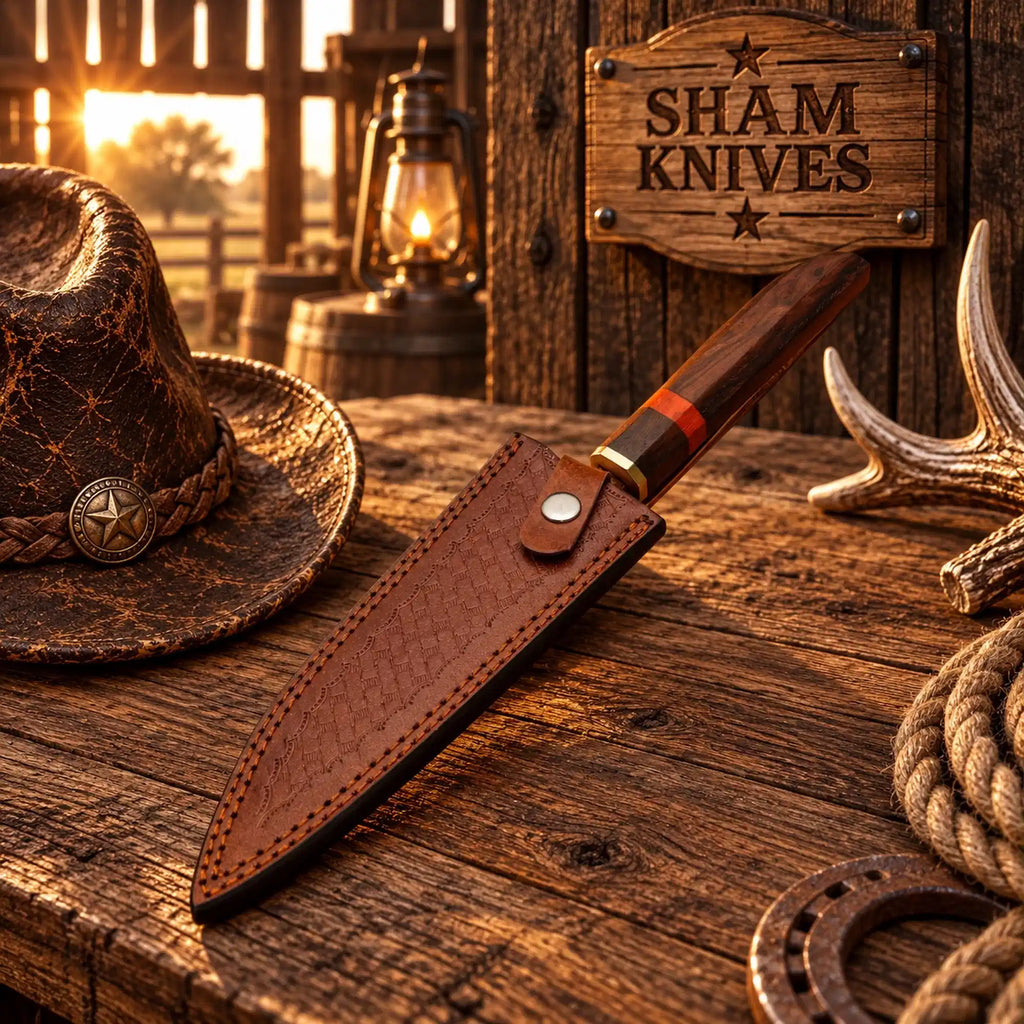 Copper Damascus chef knife with faceted rosewood handle