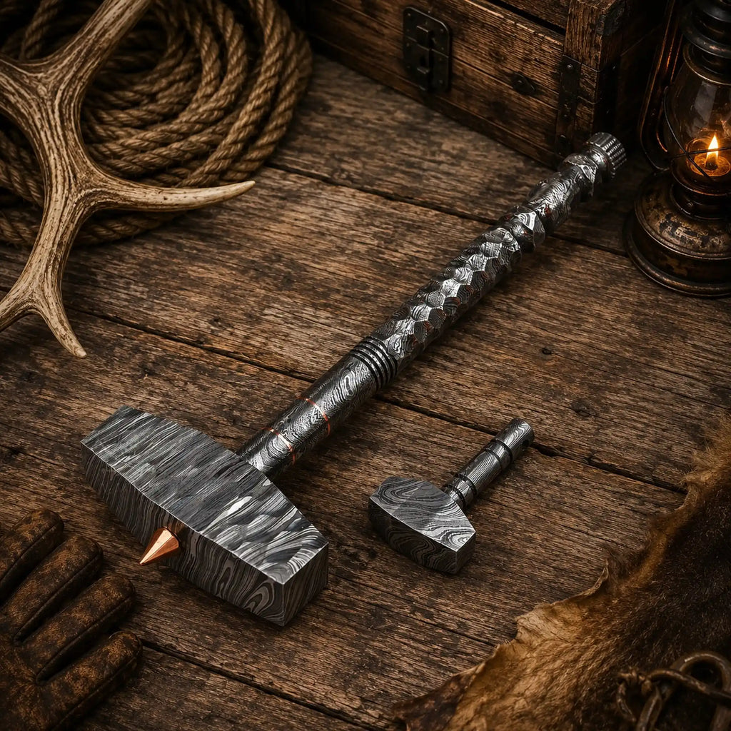 Ten-inch Viking hammer with patterned Damascus head and handle