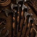 Hand-forged Norse axe 5 piece lot with leather wrapped handles