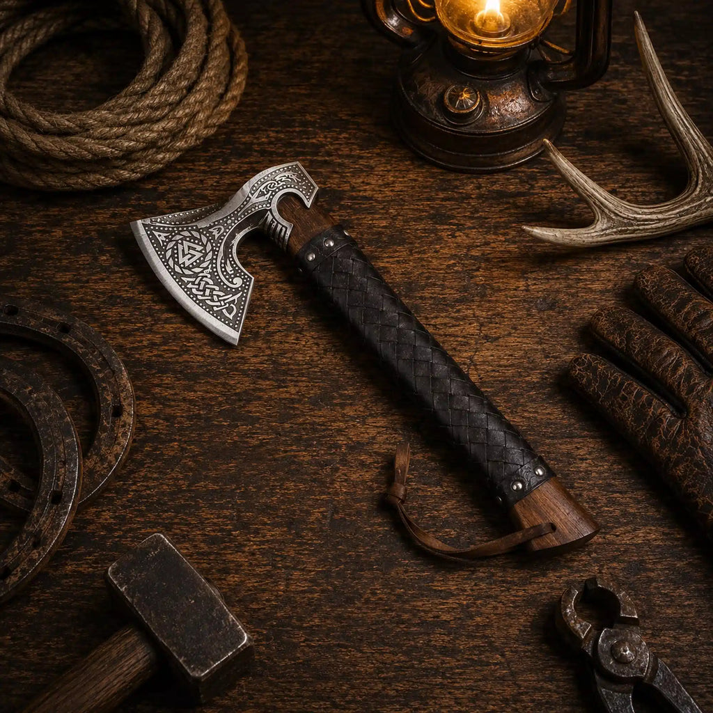 Hand forged Norse engraved Viking bearded hatchet