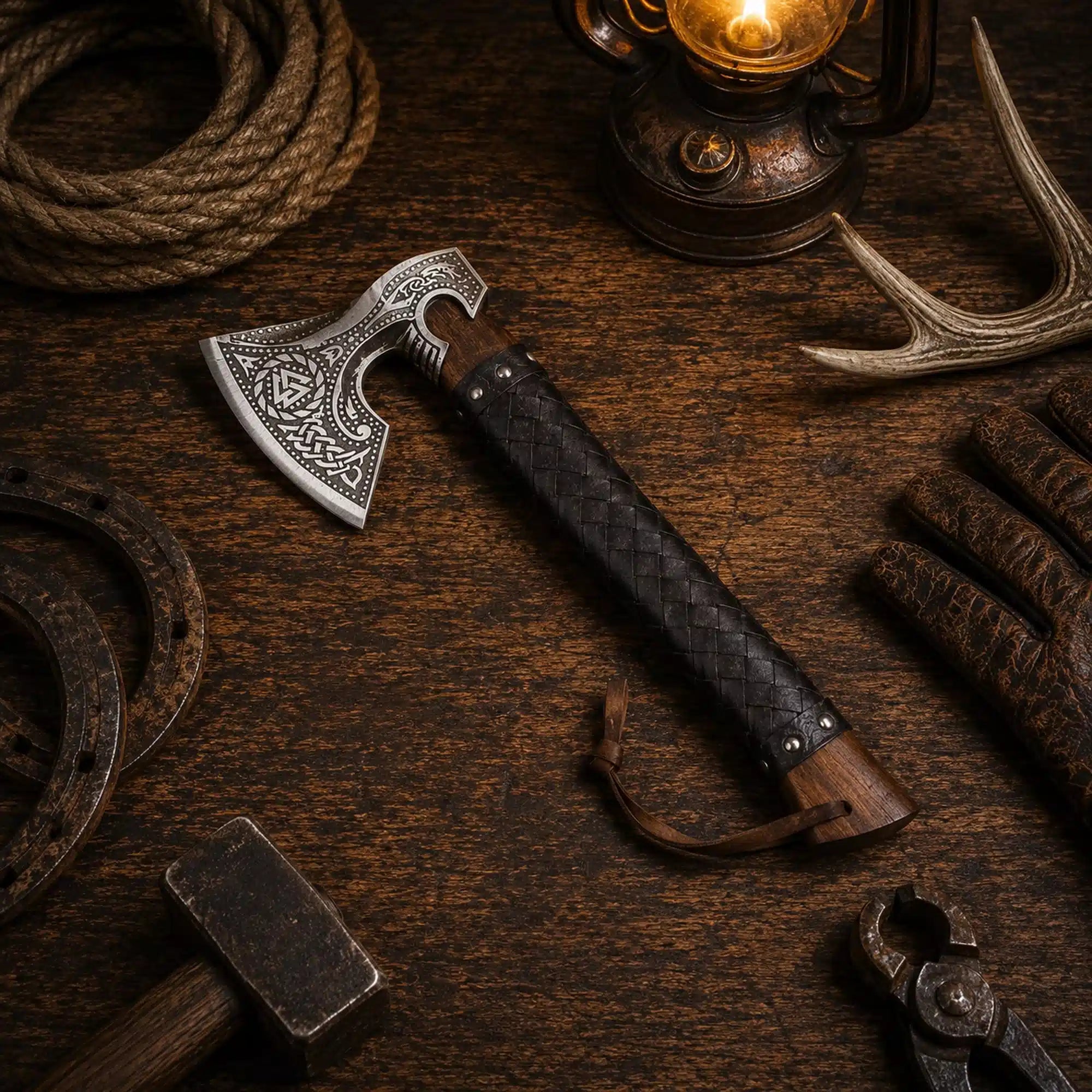 Hand forged Norse engraved Viking bearded hatchet