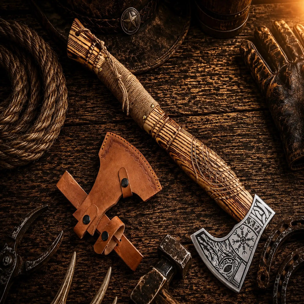 Norse Viking axe featuring Vegvisir engraved carbon steel head