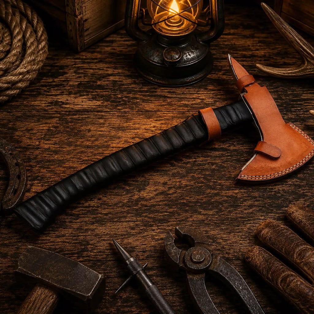Hand forged tomahawk with dark jigged hardwood handle