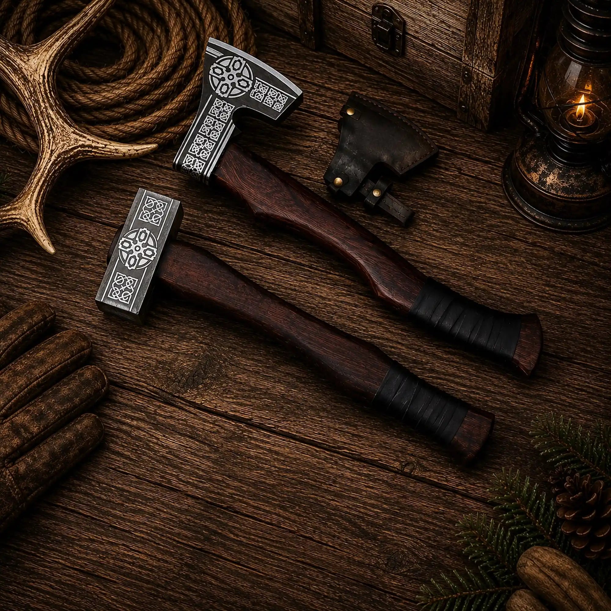 Hand-forged 1075 carbon-steel bearded axe and Nordic hammer