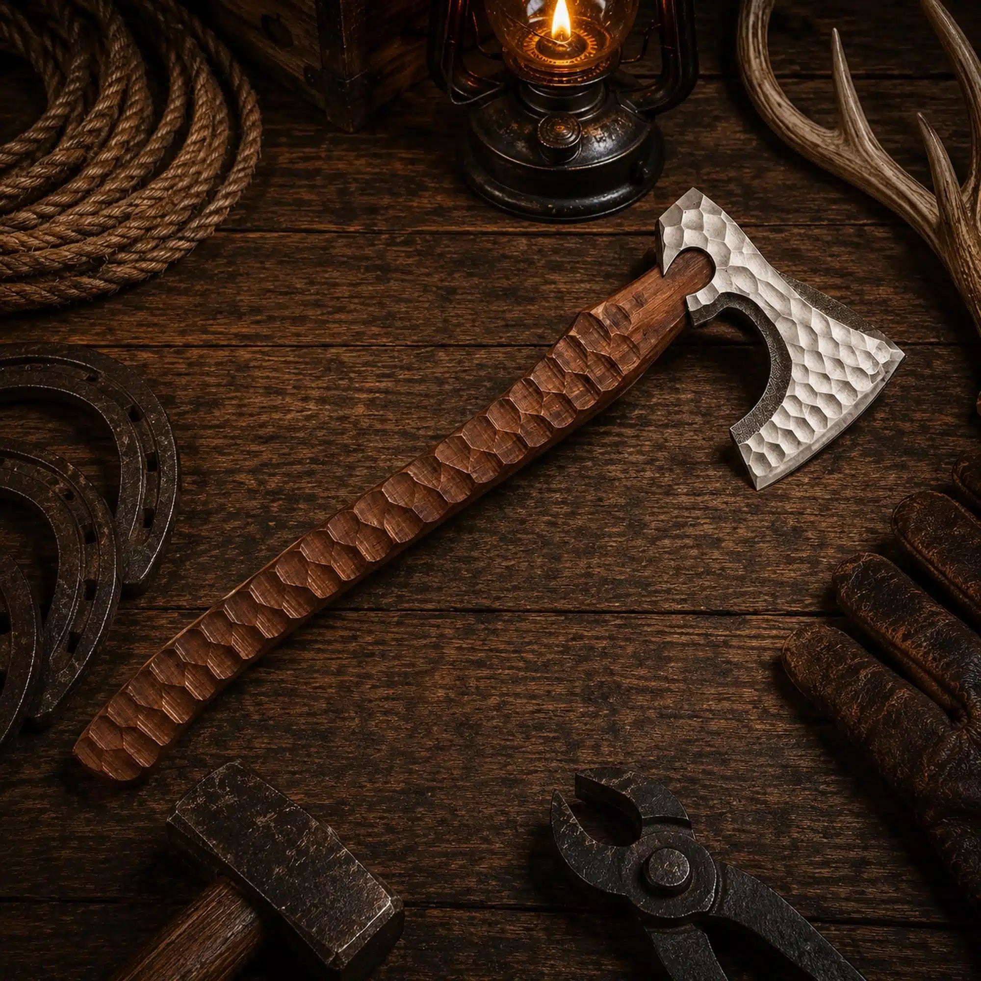 Hand forged carbon steel Viking axe with jigged rosewood handle