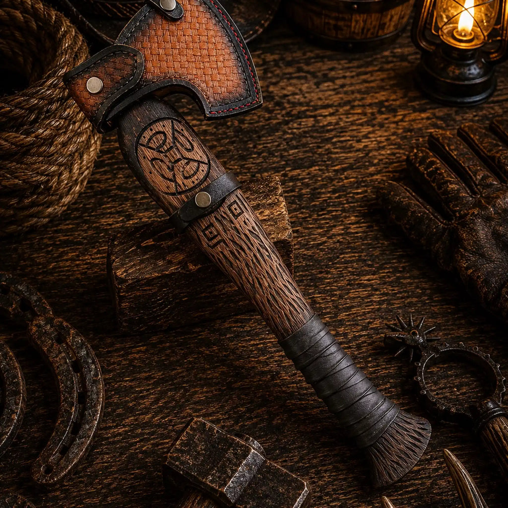 Hand forged Viking axe with carved ash wood and leather wrapped grip