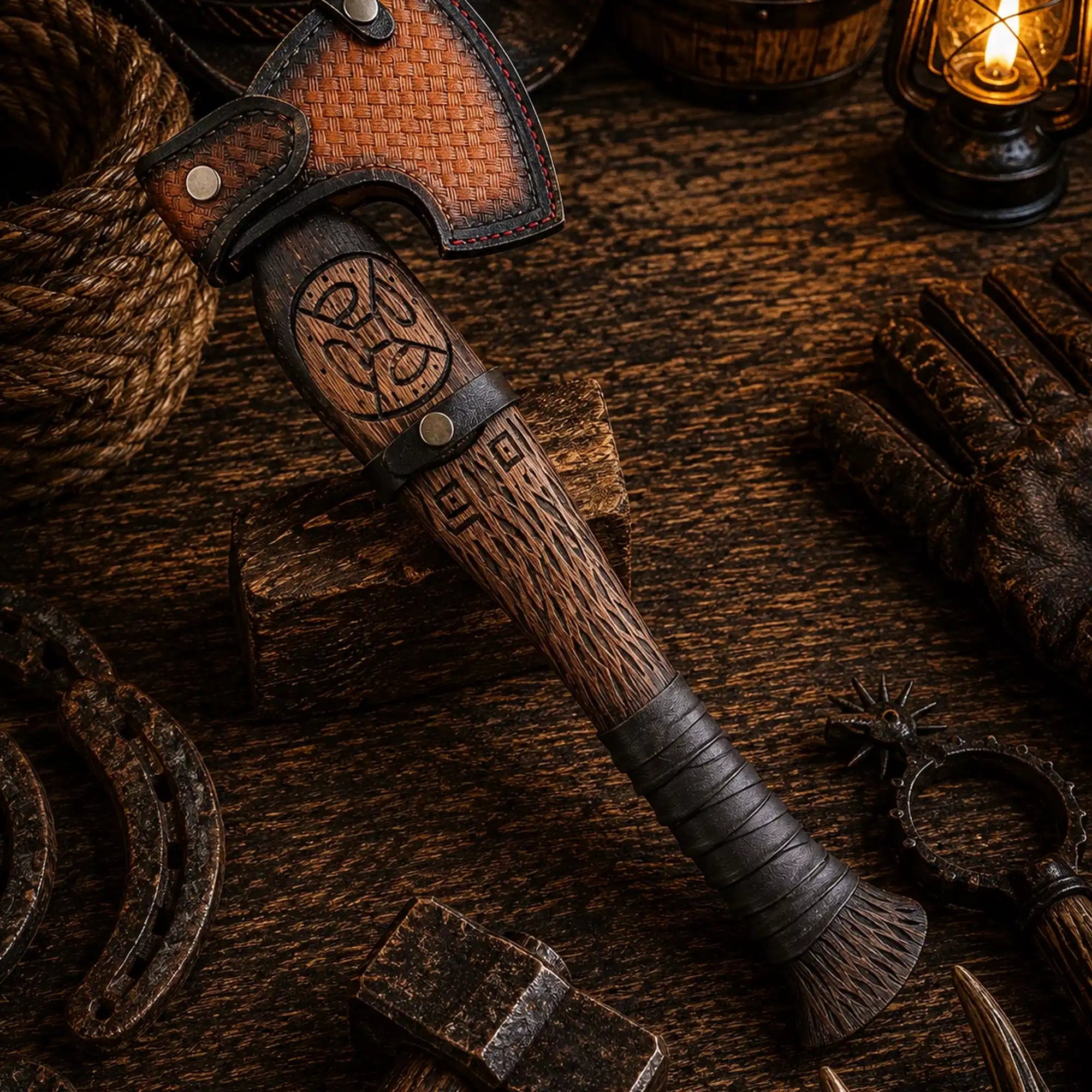 Hand forged Viking axe with carved ash wood and leather wrapped grip