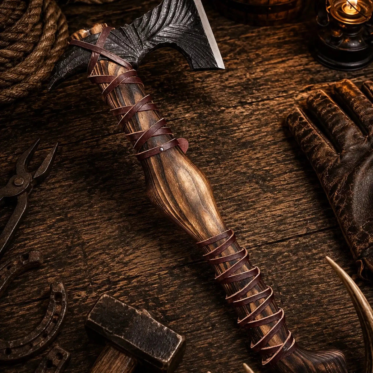 Hand Forged Viking Battle Axe – 1095 Carbon Steel & Ash Wood - SHAM KNIVESBattle AxeSHAM KNIVESHand forged Viking battle axe with 1095 carbon steel head and burnt ash wood handle