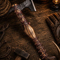Hand forged Viking battle axe with 1095 carbon steel head and burnt ash wood handle