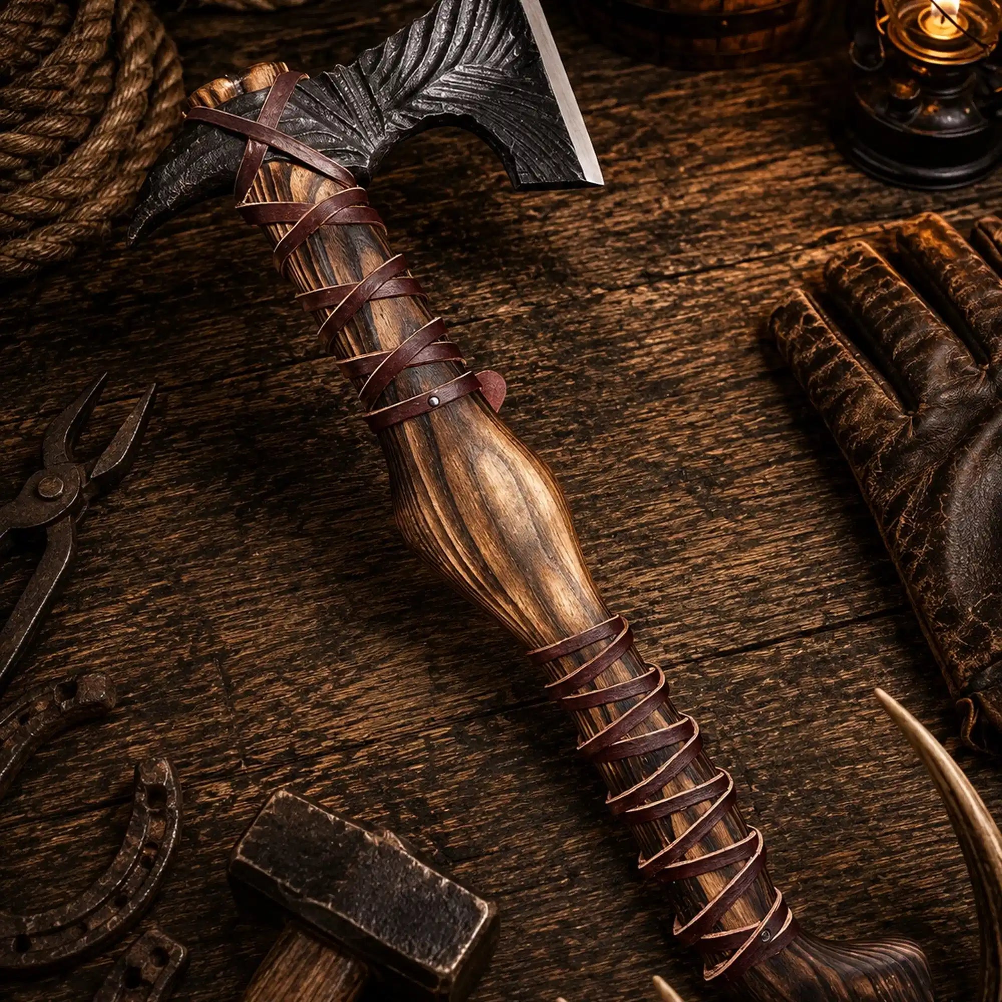 Hand forged Viking battle axe with 1095 carbon steel head and burnt ash wood handle