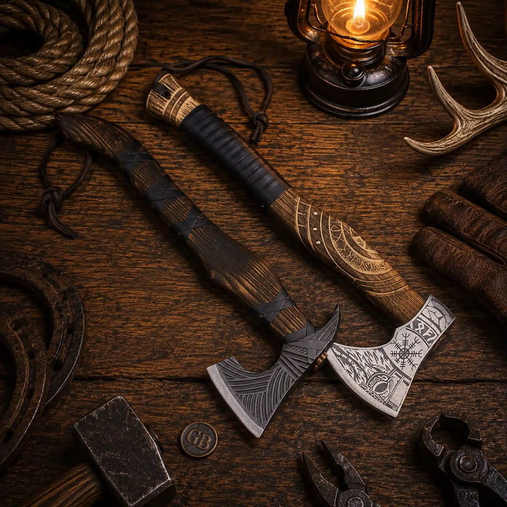 Hand forged Viking battle axe pair with leather sheath