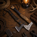 Hand forged Viking battle axe pair with leather sheath