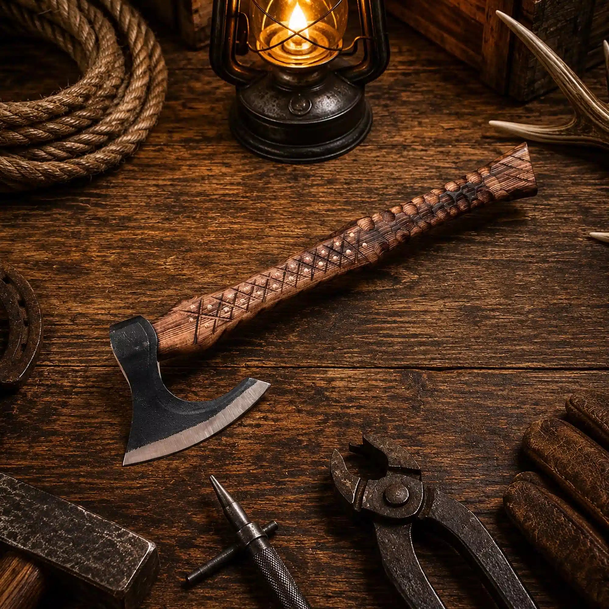 Hand forged Viking camping hatchet with carved wooden handle