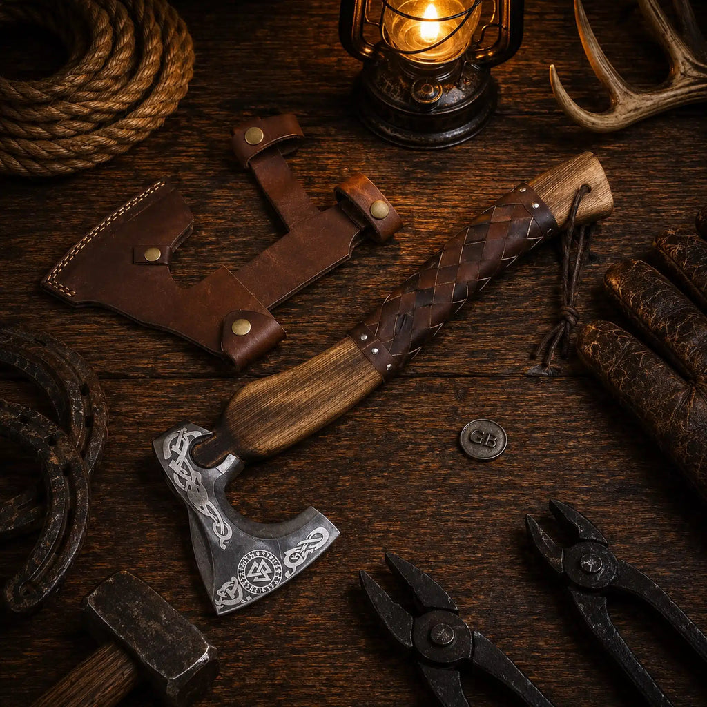 Hand forged Viking tomahawk axe with natural ash wood handle