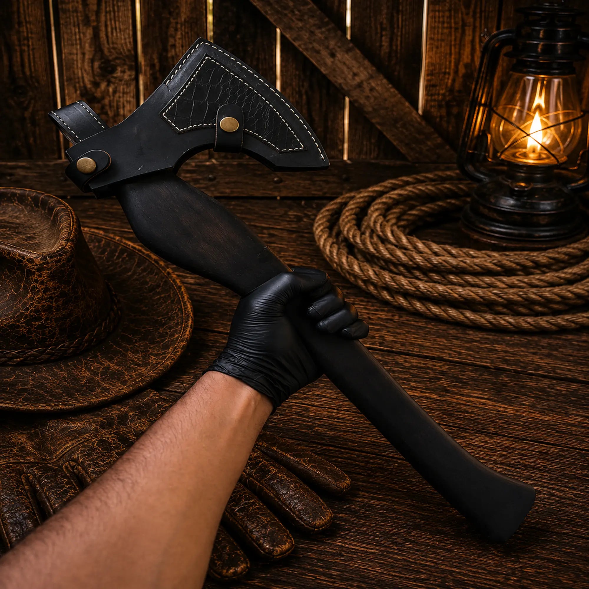 Handcrafted axe displayed with leather sheath