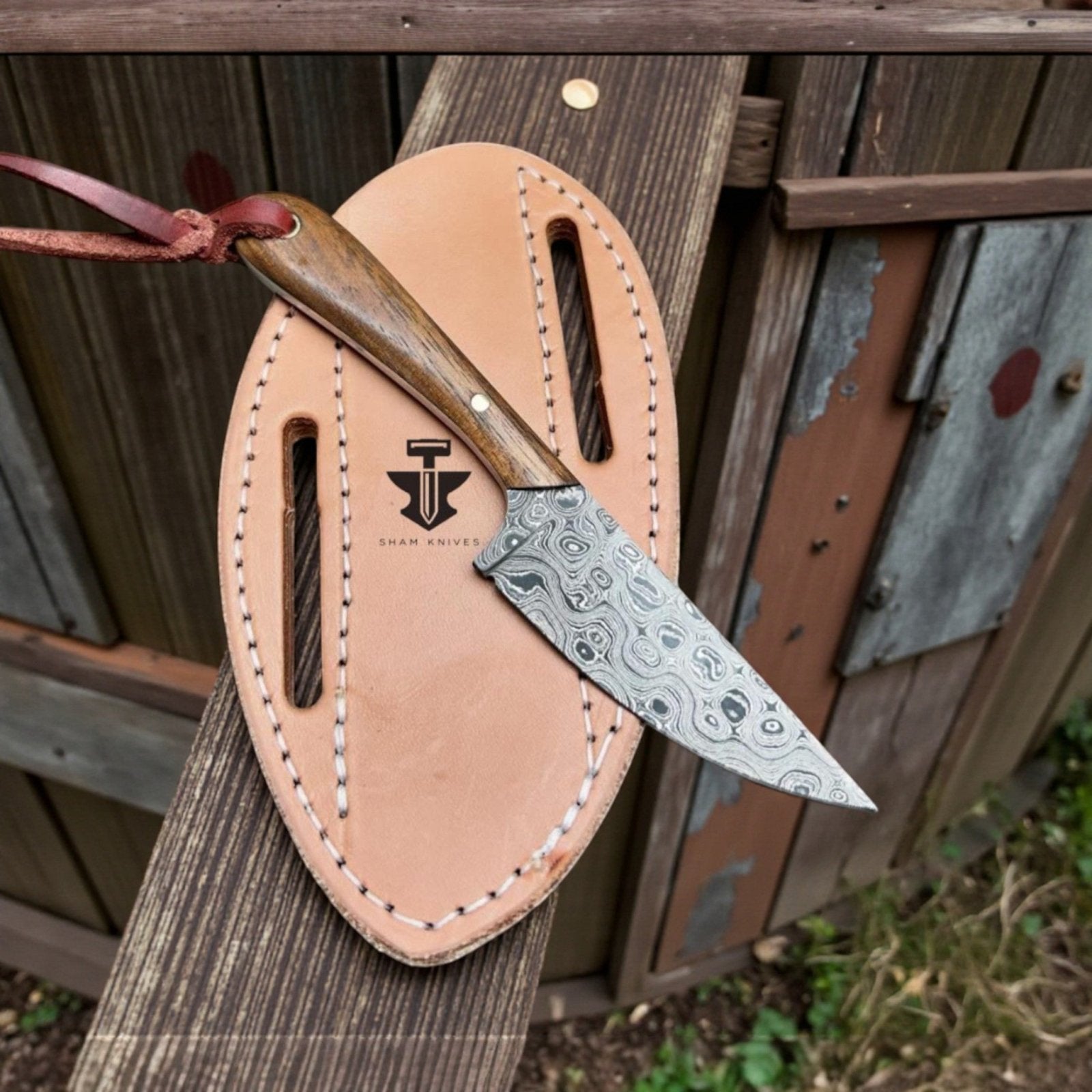 Handcrafted Buckaroo Belt Knife – 3.5” Damascus Steel Fixed Blade with Pancake Leather Sheath | Rosewood Handle - SHAM KNIVES Hunting KnifesSham knivesHandcrafted Buckaroo Belt Knife – 3.5” Damascus Steel Fixed Blade with Pancake Leather Sheath | Rosewood Handle