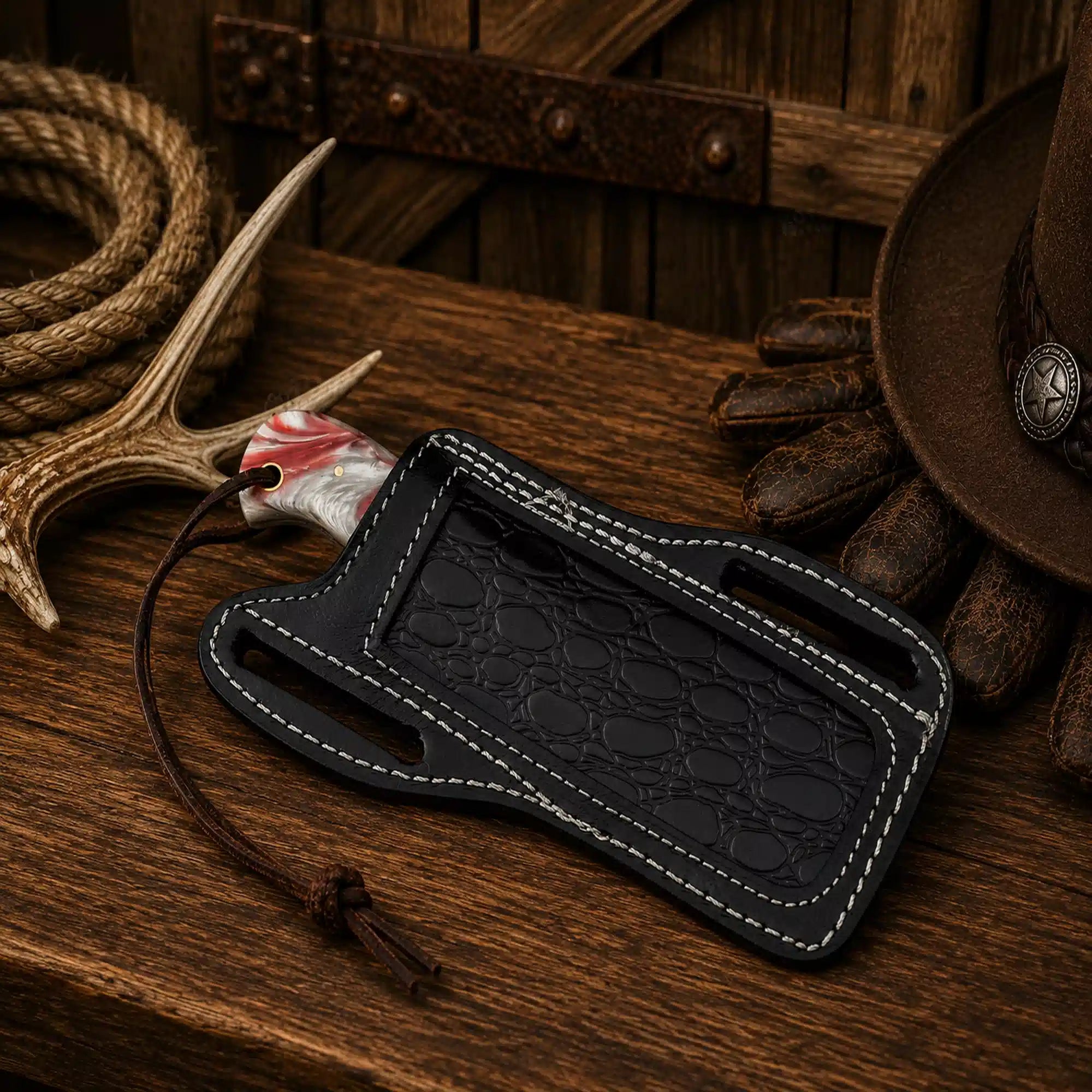 Custom handcrafted Western Bull Cutter Knife with razor-sharp 3.75-inch Rasp Steel blade, red epoxy resin scales, and genuine pancake leather belt sheath.