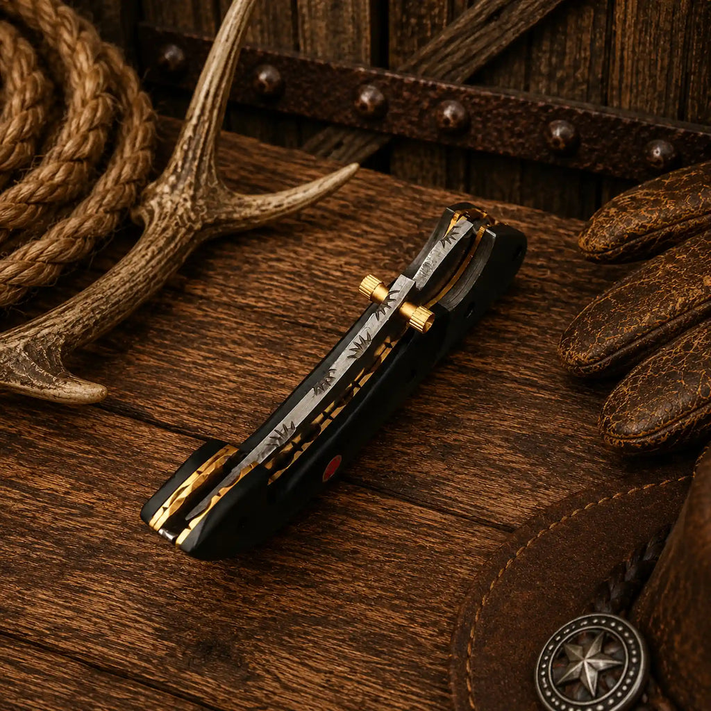 Artisan-crafted Western folding pocket knife with Damascus steel blade, buffalo horn handle, and genuine leather sheath.