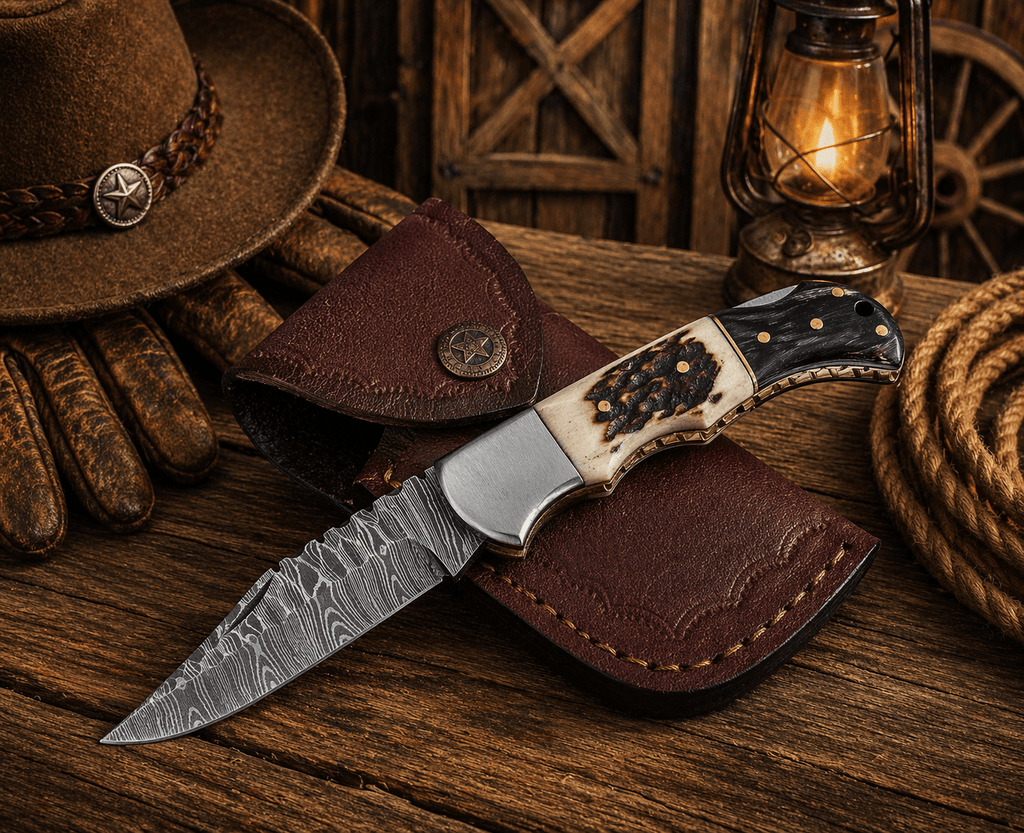 Handcrafted Damascus Pocket Knife – Engraved Folding Knife with Stag Horn & Pakka Wood Handle | Custom EDC Hunting Knife Gift for Men - SHAM KNIVES Pocket KnifeSHAM KNIVES Handcrafted Damascus Pocket Knife – Engraved Folding Knife with Stag Horn & Pakka Wood Handle | Custom EDC Hunting Knife Gift for Men