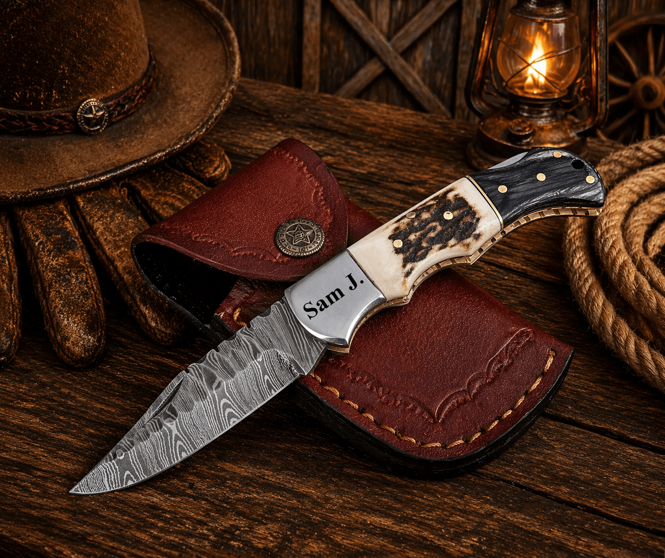 Handcrafted Damascus Pocket Knife – Engraved Folding Knife with Stag Horn & Pakka Wood Handle | Custom EDC Hunting Knife Gift for Men - SHAM KNIVES Pocket KnifeSHAM KNIVES Handcrafted Damascus Pocket Knife – Engraved Folding Knife with Stag Horn & Pakka Wood Handle | Custom EDC Hunting Knife Gift for Men