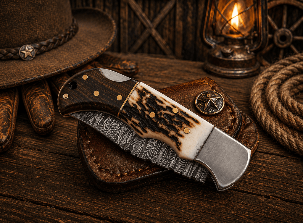 Handcrafted Damascus Pocket Knife – Engraved Folding Knife with Stag Horn & Wood Handle | Custom Gift for Men, EDC Hunting Knife - SHAM KNIVES Pocket KnifeSHAM KNIVESHandcrafted Damascus Pocket Knife – Engraved Folding Knife with Stag Horn & Wood Handle | Custom Gift for Men, EDC Hunting Knife