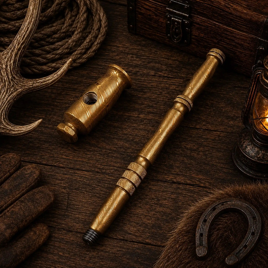 Patterned steel display hammer with sculpted solid-metal handle