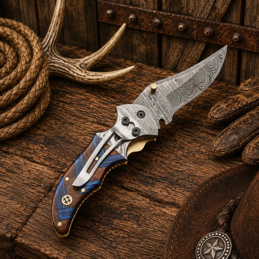 Artisan-crafted Damascus folding knife with a 3.10-inch blade, decorative compact wood handle, Damascus bolsters, and premium leather carrying sheath.