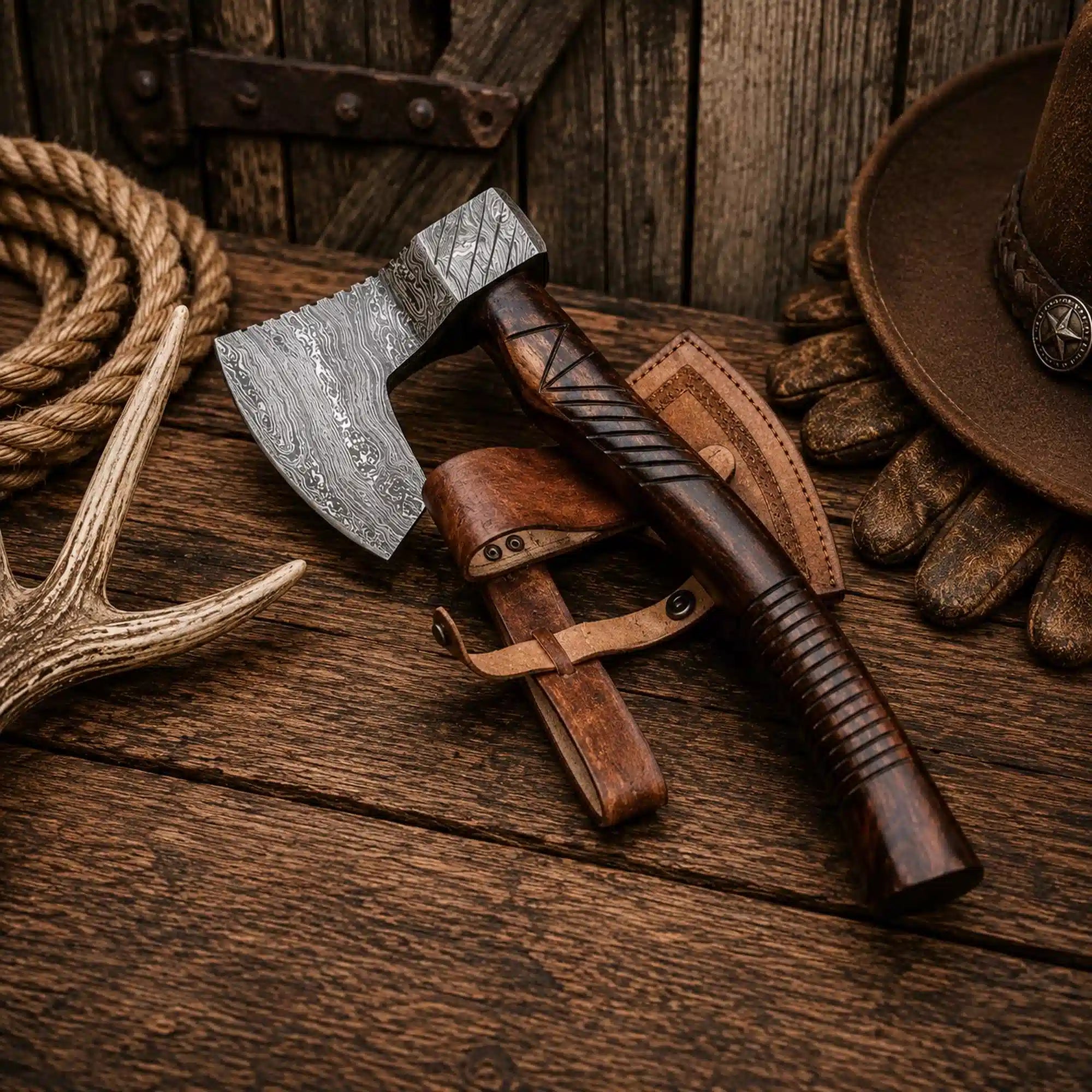 Handmade Damascus steel tomahawk with carved rosewood handle