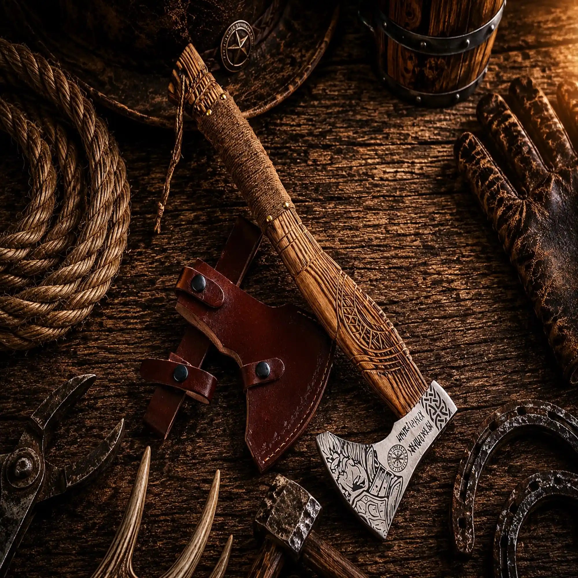 Custom forged Norse axe featuring engraved Viking artwork.