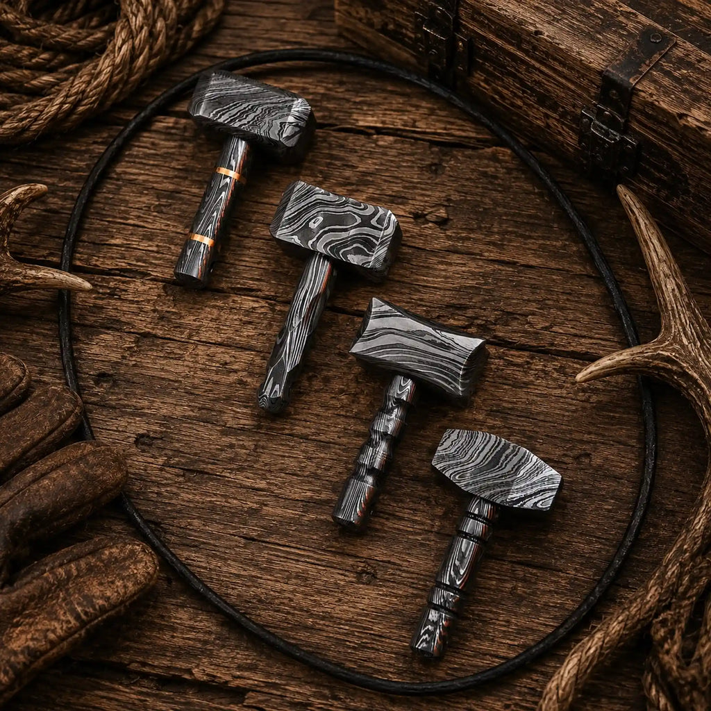Norse mythology hammer charm with layered steel pattern