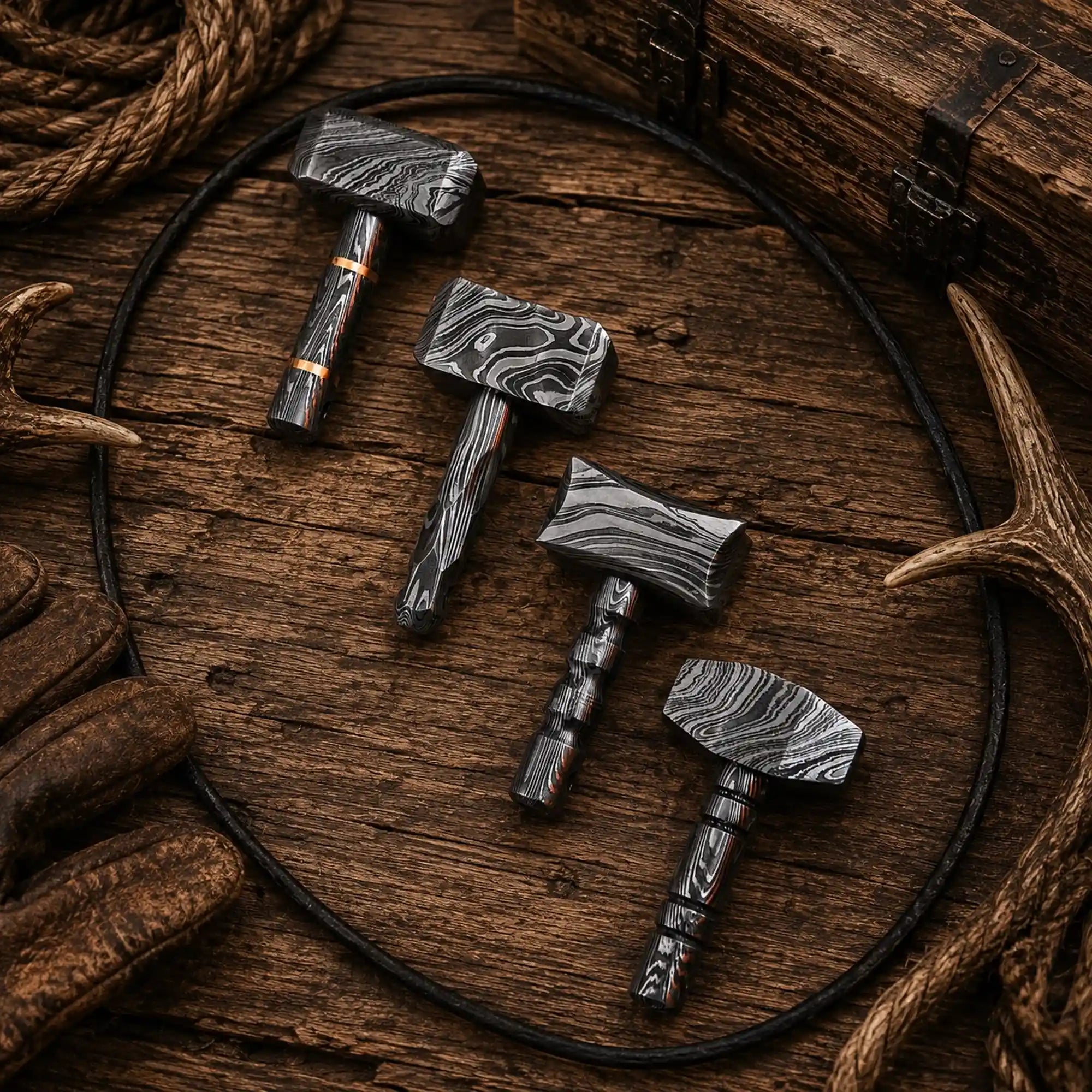 Norse mythology hammer charm with layered steel pattern