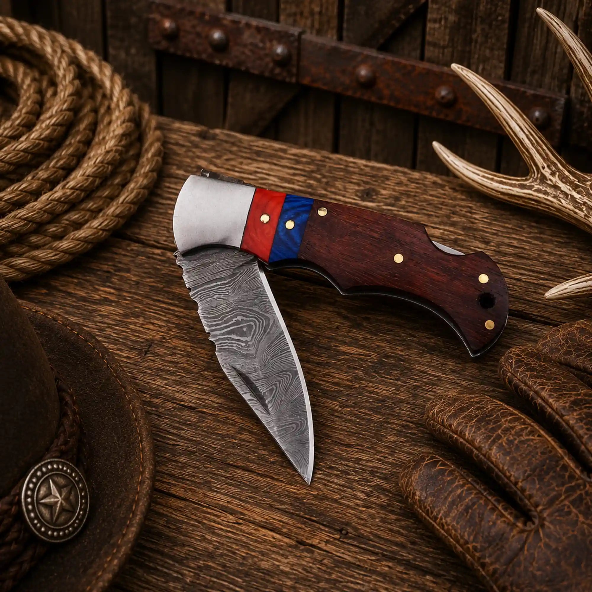 Custom Damascus steel pocket knife with hardwood scales, secure back lock mechanism, and premium leather sheath.